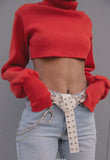 High-collared Lantern Sleeve Crop Tops Sweaters Red