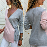 Women's V Neck Cross-Bandage Long Sleeve Sweater