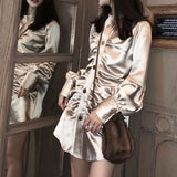 Champagne Satin Pleated Long Sleeve Gold Buttoned Shirt Mini Dresses