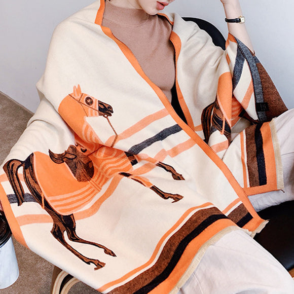 Retro Tassel Horse Pattern Warm Scarf Cashmere Thick Shawl Wrap for Women Ladies Girls