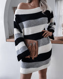 Minivestidos casuales de suéter con rayas en contraste de un hombro