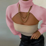 Casual Turtleneck Lantern Sleeve Cutout Cropped Knit Sweater Pink