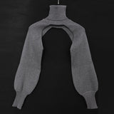 Casual Turtleneck Lantern Sleeve Cutout Cropped Knit Sweater Black