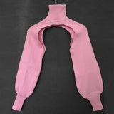 Casual Turtleneck Lantern Sleeve Cutout Cropped Knit Sweater Pink