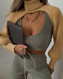 Casual Turtleneck Lantern Sleeve Cutout Cropped Knit Sweater Black