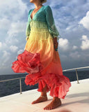 Rainbow Deep V Long Sleeve Gradient Vacation Maxi Dresses