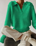 V-neck Knit Pile Collar Polo Sweaters Top