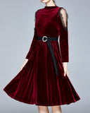 Red Velvet Lace Sleeve Pleated Skirt Midi Dresses
