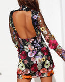 Backless High Neckline Floral Embroidered Bodycon Mini Dresses