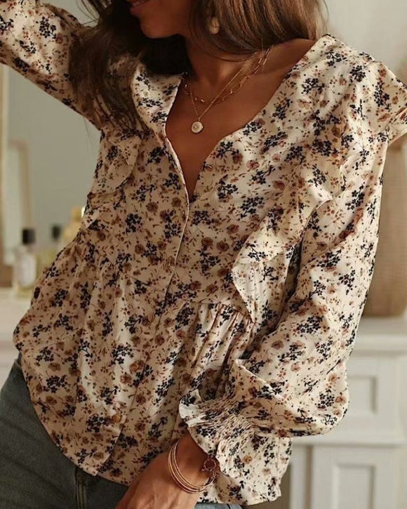 V-neck Ruffled Single-breasted Floral Blouses Shirts