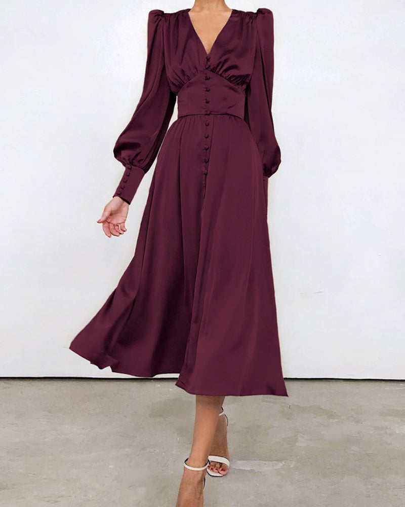 Lantern Bubble Sleeve Satin Midi Dresses Brown – Nowachic