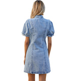 Denim Lace-up Single-breasted Puff Sleeve Bodycon Mini Dresses