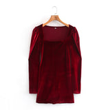 Red Square Collar Vintage Velvet Party Bodycon Mini Dresses