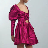 Satin Party Cut Out Puff Sleeve Flared Skater Mini Dresses