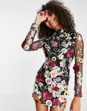 Backless High Neckline Floral Embroidered Bodycon Mini Dresses