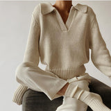 V-neck Knit Pile Collar Polo Sweaters Top