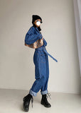 Pile Collar Lace-up Single-breasted Denim Jumpsuits