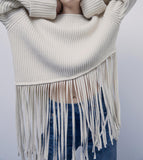 Knit Tassel Round Neck Irregular Hem Sweaters Blouses