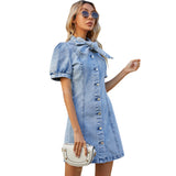 Denim Lace-up Single-breasted Puff Sleeve Bodycon Mini Dresses