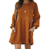 Casual Round Neck Knit Sweaters Pocket Mini Dresses
