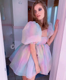 Tie Dye Rainbow Puff Bubble Sleeve Off Shoulder Mini Dresses