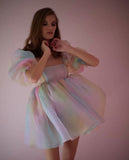 Tie Dye Rainbow Puff Bubble Sleeve Off Shoulder Mini Dresses