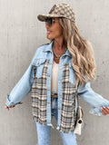 Single-breasted Pile Collar Grid Pattern Denim Outerwear Cardigans