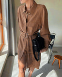 Lace-up Elastic Waist Coat Shirt Midi Dresses