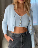 V-neck Knit Suspenders Tank Tops and Single-breasted Cardigans Two-piece Set