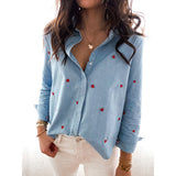 Single-breasted Love Shape Embroidery Lapel Denim Shirts