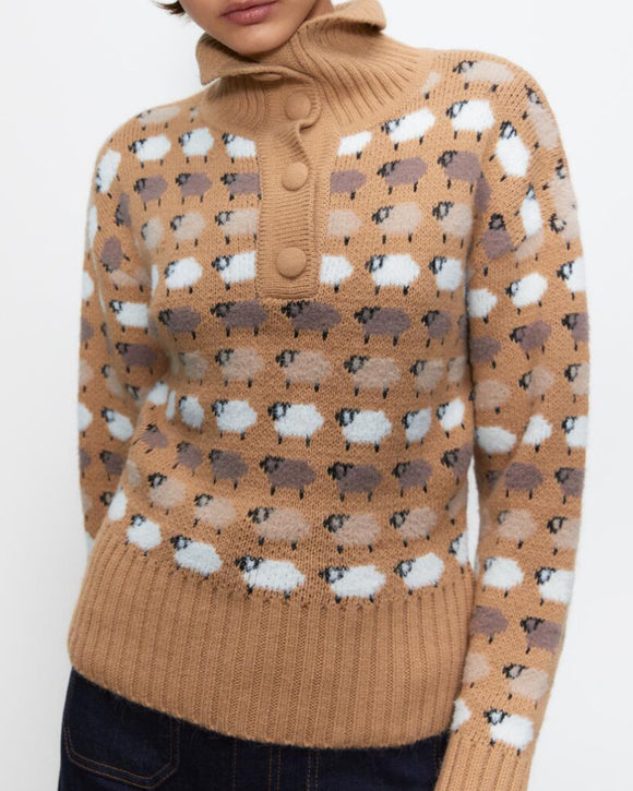 Suéter floral de punto con cuello alto y botonadura sencilla