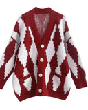 Suéter cárdigan con patrón de rombos de color en contraste con cuello en V y un solo pecho