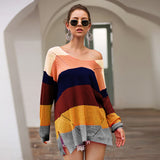 Women‘s Loose V-neck Rainbow Stripes Long Sweater
