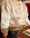 Suéteres de un solo pecho vintage de manga de linterna de punto bordado