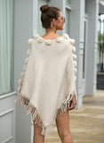 Floral Tassel Fringed Pullover Pompom Collar Sweater Cloak Shawl Cape