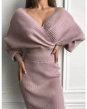 V-neck Knit Backless Bodycon Midi Dresses Two-piece Set