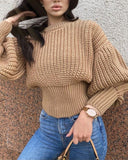Knit Round Neck Lantern Sleeve Single-breasted Sweaters