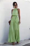 Green Wave Bohemian Boho Printed Hanging Neck Straps Maxi Dresses