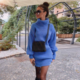 Knit Lantern Sleeve High Collar Sweater Mini Dresses