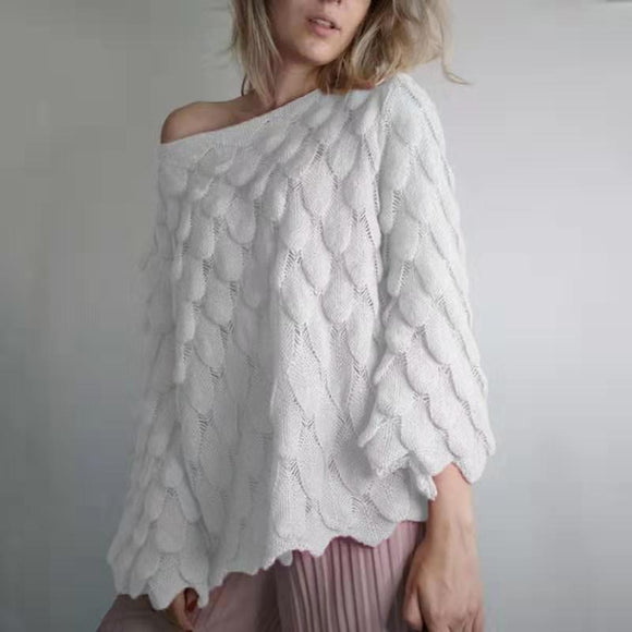 Hollow Leaves Feather Horn Sleeve Knit Off-the-shoulder Sweater