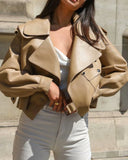 Pile Collar Pocket Crop Leather Tops Jacket Outerwear - White