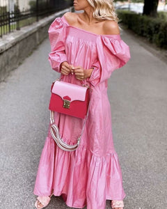 Square Collar Off Shoulder Puff Bubble Sleeve Party Maxi Dresses