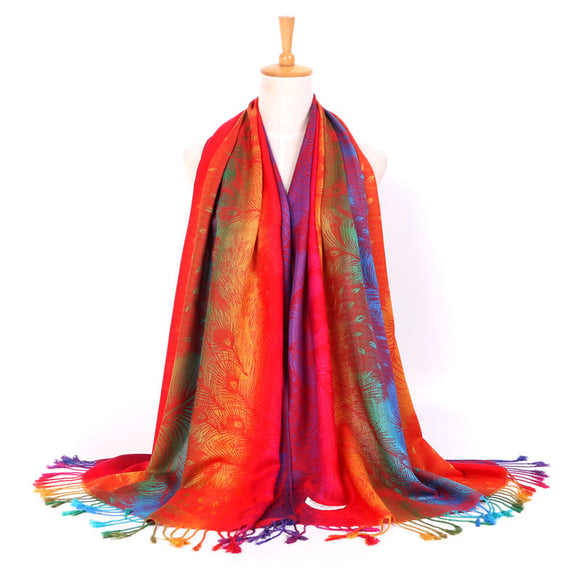 Rainbow Feather Print Long Scarf Shawl Fringed Scarves for Women Ladies Girls