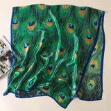 Pañuelo largo de seda con plumas de pavo real para mujer