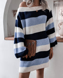 Casual One Shoulder Contrast Stripe Sweater Mini Dresses