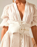 Robes longues rétro palais col en V simple boutonnage blanc 