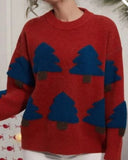 Suéter de gran tamaño con contraste de dibujos animados de punto de árbol de Navidad