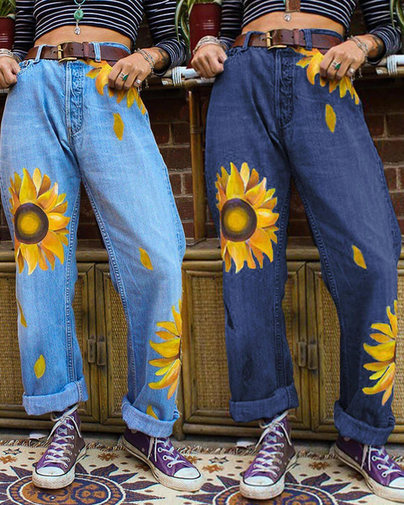 Printing Daisy Straight-leg Jeans Pants