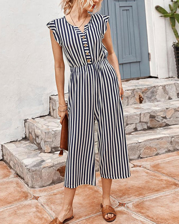 Striped Cropped Pants Jumpsuit Single-breasted Lotus Sleeve Romper