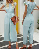 Hollowed-out Sleeve Edge Elastic Waist Jumpsuit Pleated Tops Loose Cropped Pant Rompers